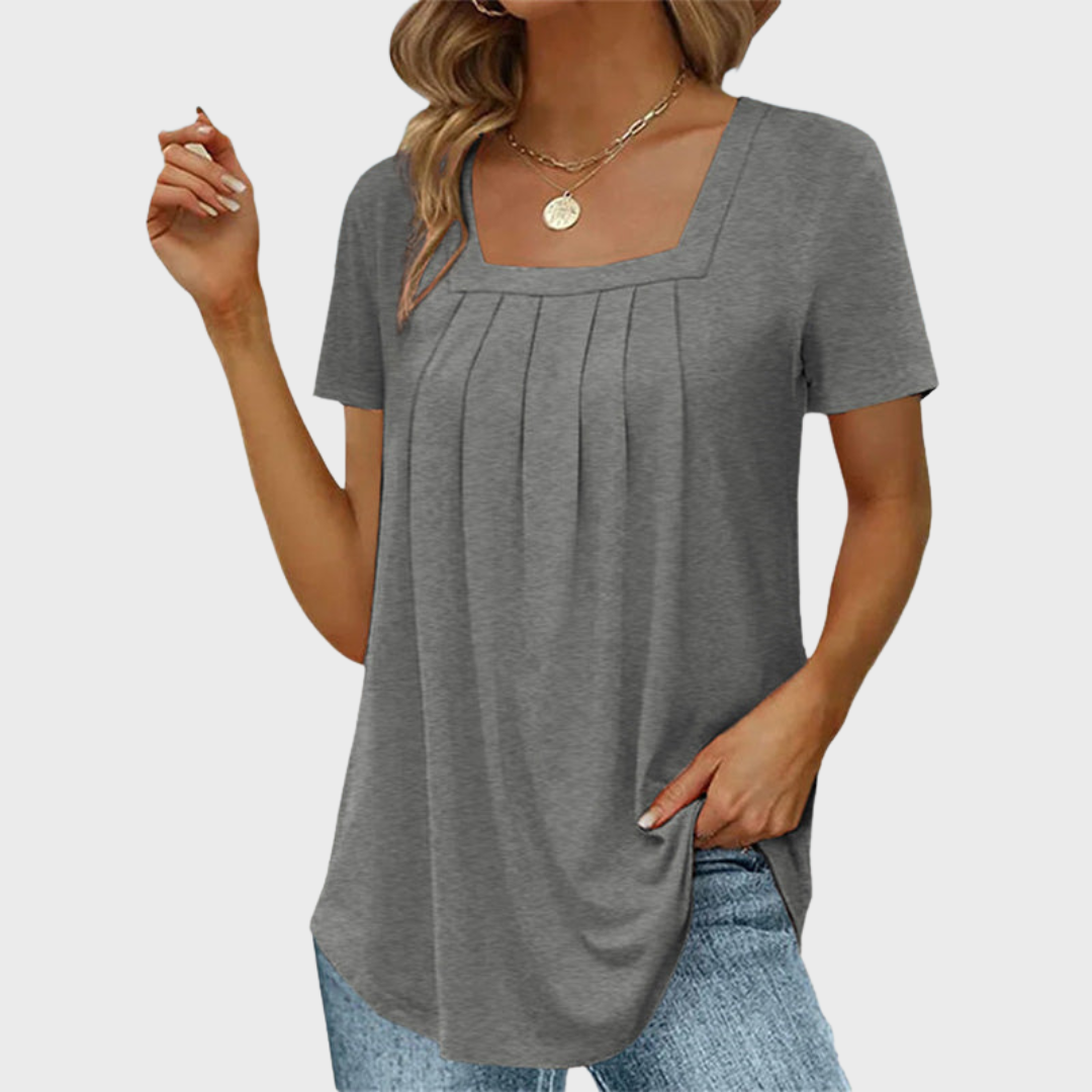 Thea | Women's Cotton Square-Neck Pleated Short Sleeve Top