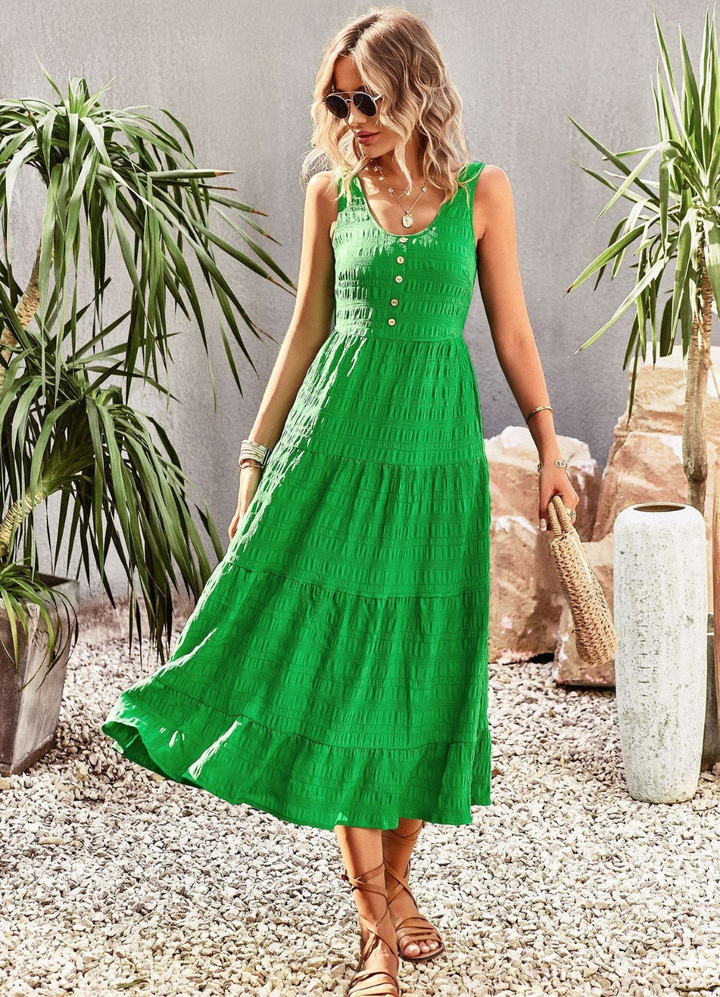 Thea | Women's Cotton Tiered Sleeveless Button-Front Midi Dress