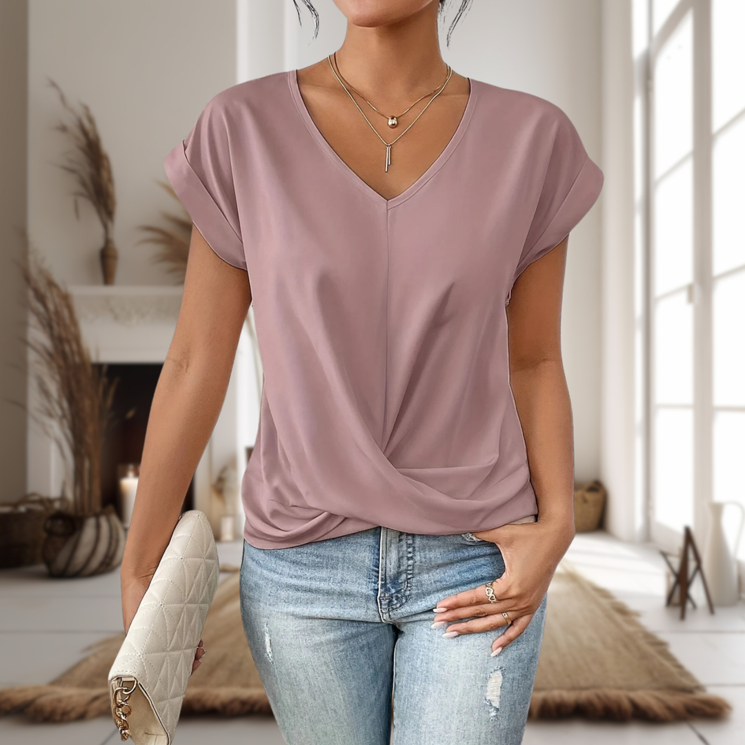 Thea | Women's Cotton Twist-Front V-Neck Short Sleeve Top