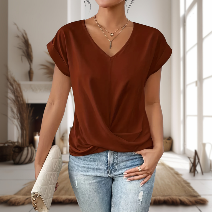 Thea | Women's Cotton Twist-Front V-Neck Short Sleeve Top