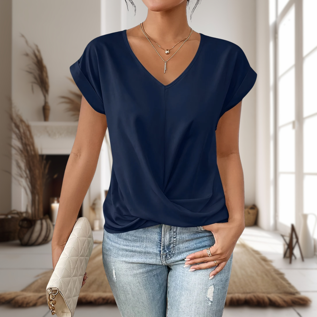 Thea | Women's Cotton Twist-Front V-Neck Short Sleeve Top