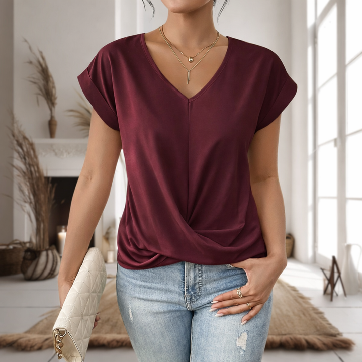 Thea | Women's Cotton Twist-Front V-Neck Short Sleeve Top