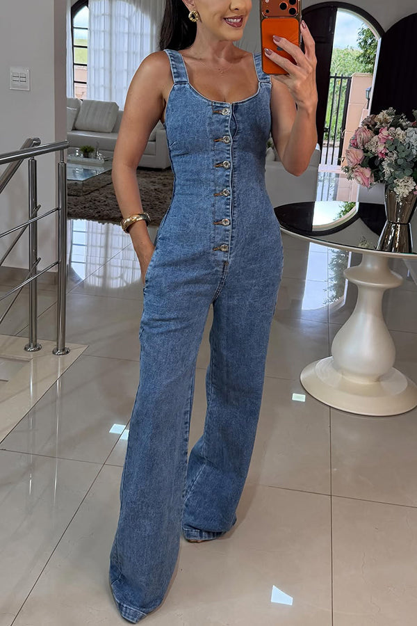 Thea | Women's Denim Button-Front Wide-Leg Jumpsuit