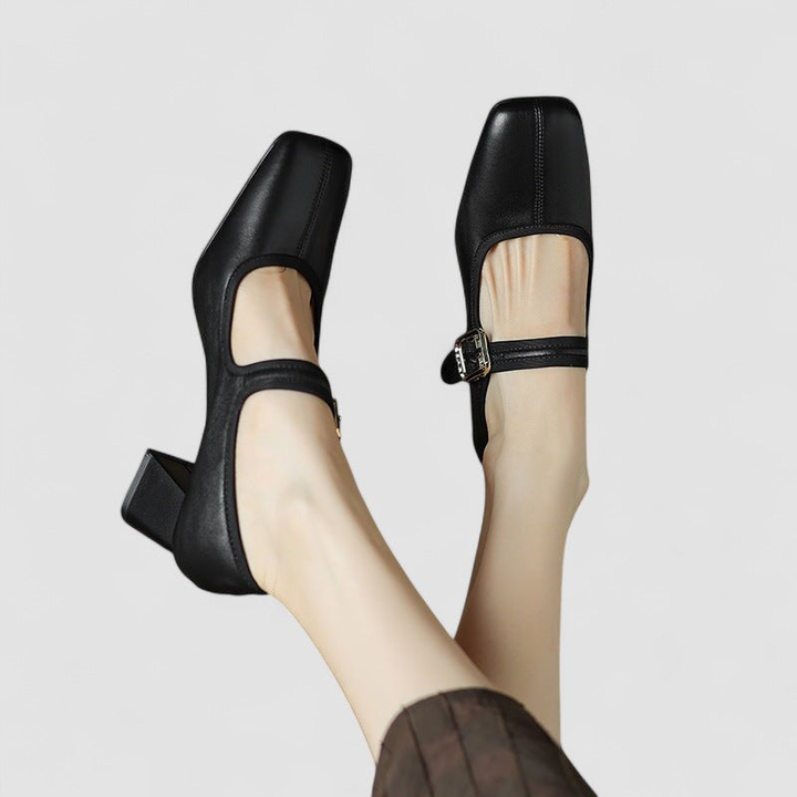 Thea | Women's Leather Square-Toe Mary Jane Block Heel Pumps