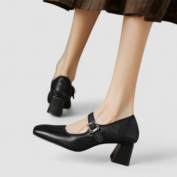 Thea | Women's Leather Square-Toe Mary Jane Block Heel Pumps