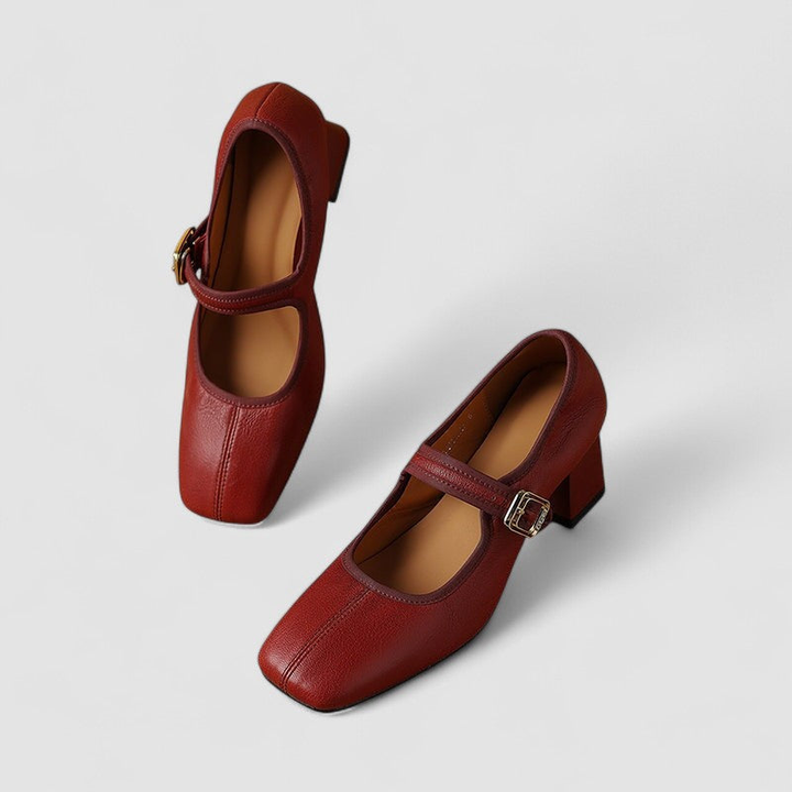 Thea | Women's Leather Square-Toe Mary Jane Block Heel Pumps