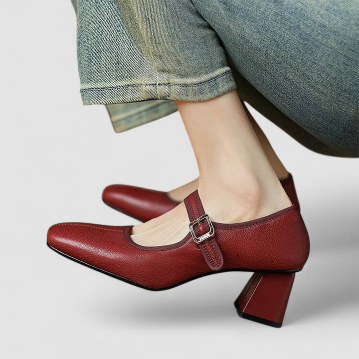 Thea | Women's Leather Square-Toe Mary Jane Block Heel Pumps