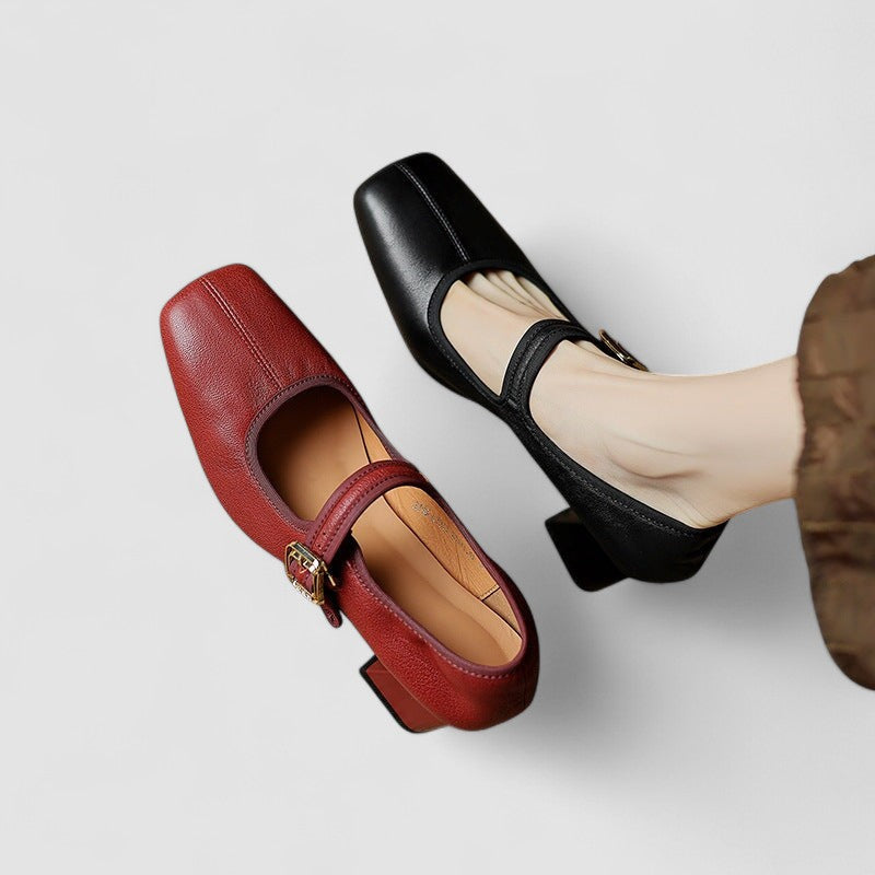 Thea | Women's Leather Square-Toe Mary Jane Block Heel Pumps