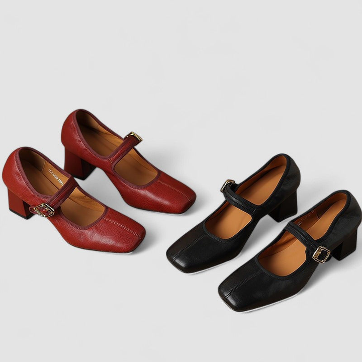 Thea | Women's Leather Square-Toe Mary Jane Block Heel Pumps