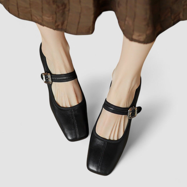 Thea | Women's Leather Square-Toe Mary Jane Block Heel Pumps