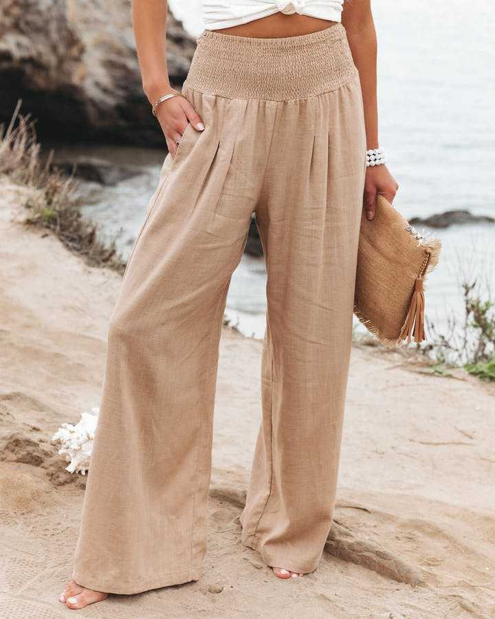 Thea | Women's Linen Smocked Waist Flowy Wide-Leg Pants