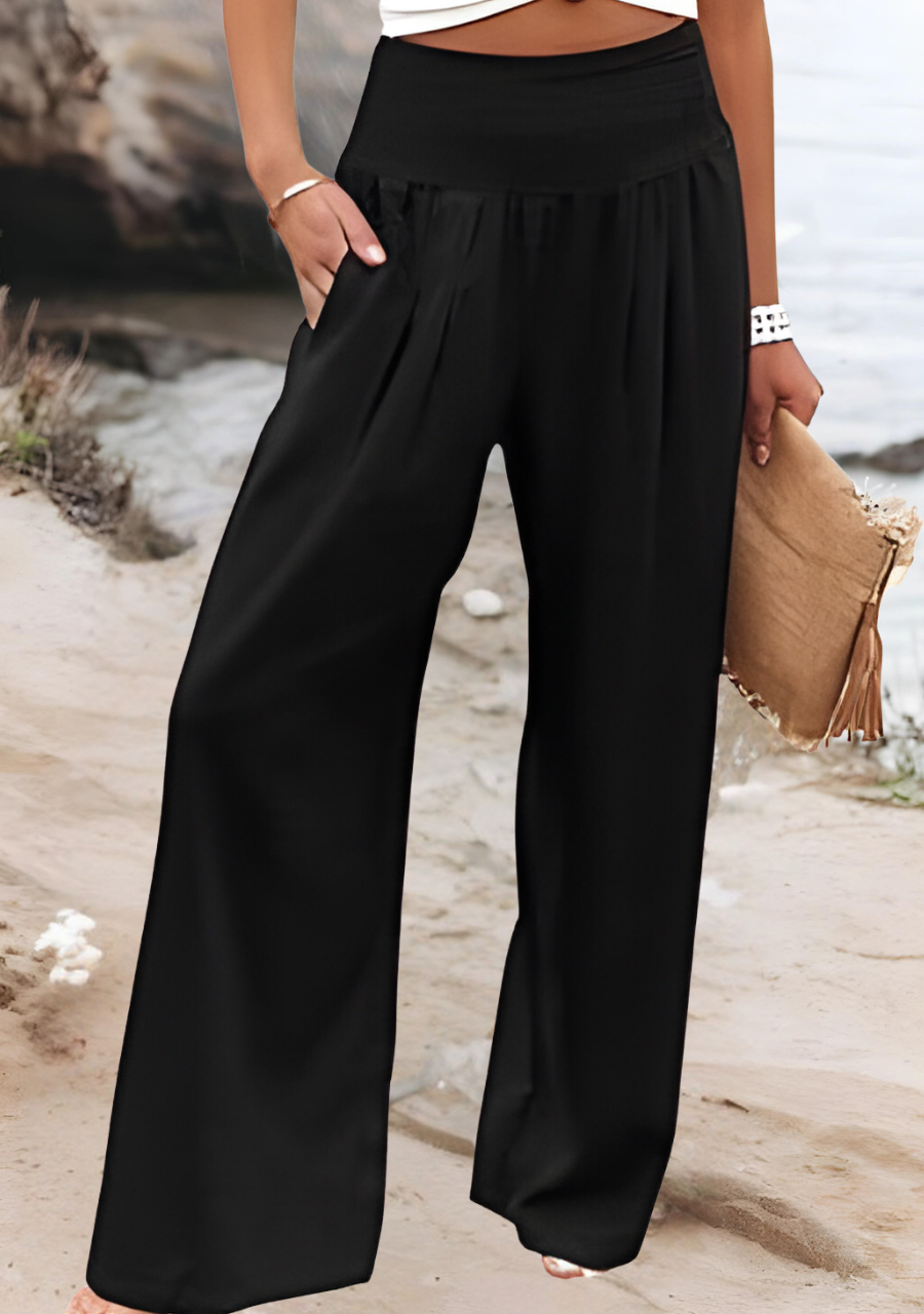 Thea | Women's Linen Smocked Waist Flowy Wide-Leg Pants