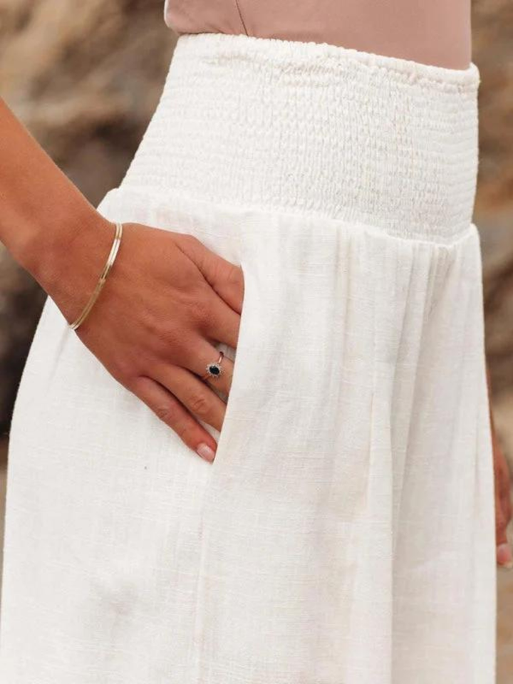Thea | Women's Linen Smocked Waist Flowy Wide-Leg Pants