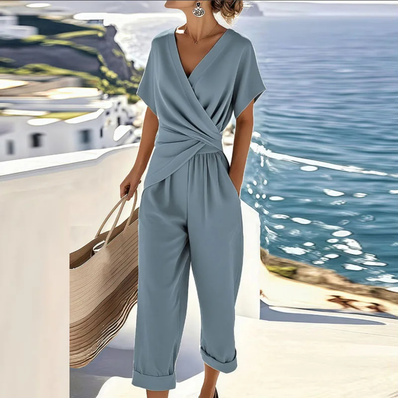 Thea | Women's Linen Wrap V-Neck Wide-Leg Jumpsuit