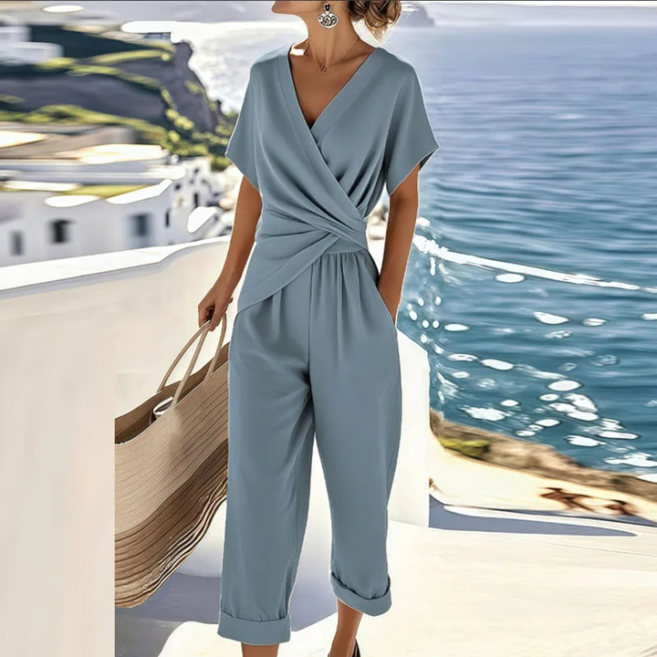 Thea | Women's Linen Wrap V-Neck Wide-Leg Jumpsuit
