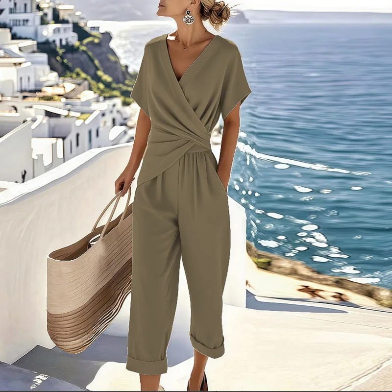 Thea | Women's Linen Wrap V-Neck Wide-Leg Jumpsuit