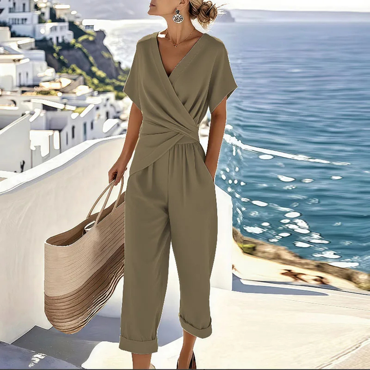 Thea | Women's Linen Wrap V-Neck Wide-Leg Jumpsuit