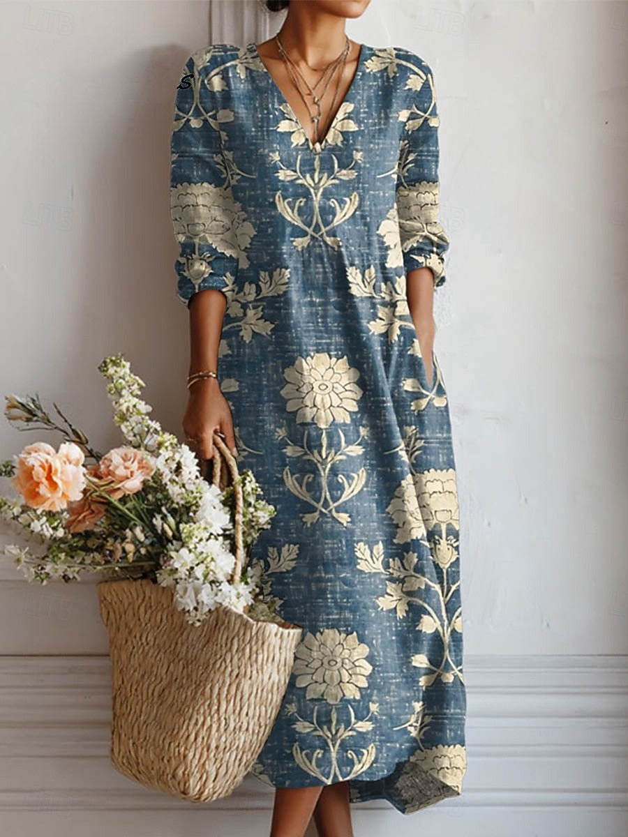 Tova | Women's Linen V-Neck Botanical Print Maxi Dress