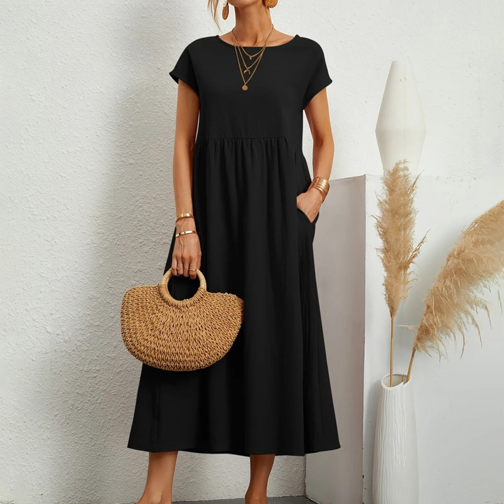 Tove | Women's Linen Short-Sleeve Smocked Midi Dress Casual