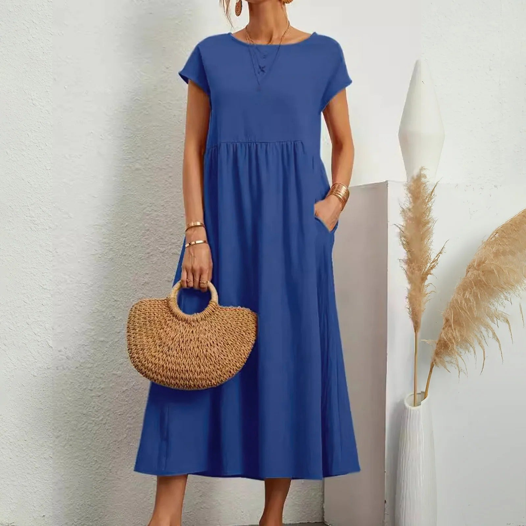 Tove | Women's Linen Short-Sleeve Smocked Midi Dress Casual