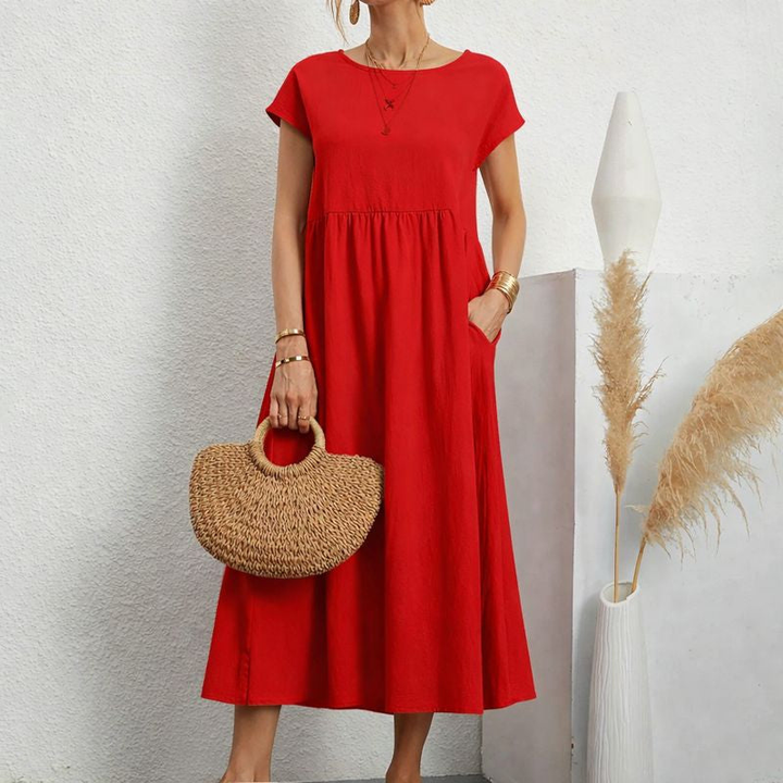 Tove | Women's Linen Short-Sleeve Smocked Midi Dress Casual
