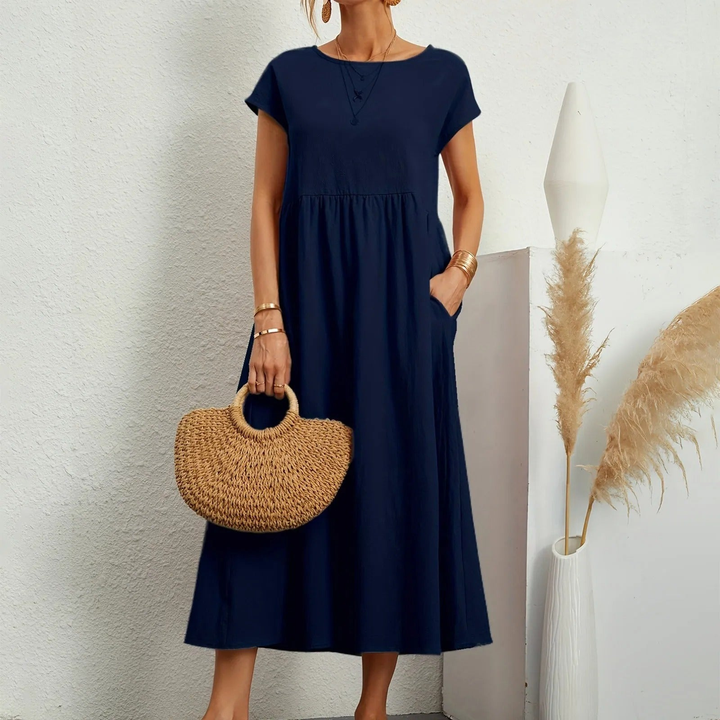 Tove | Women's Linen Short-Sleeve Smocked Midi Dress Casual