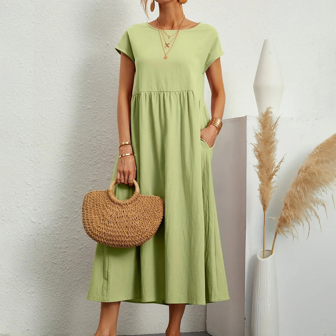 Tove | Women's Linen Short-Sleeve Smocked Midi Dress Casual