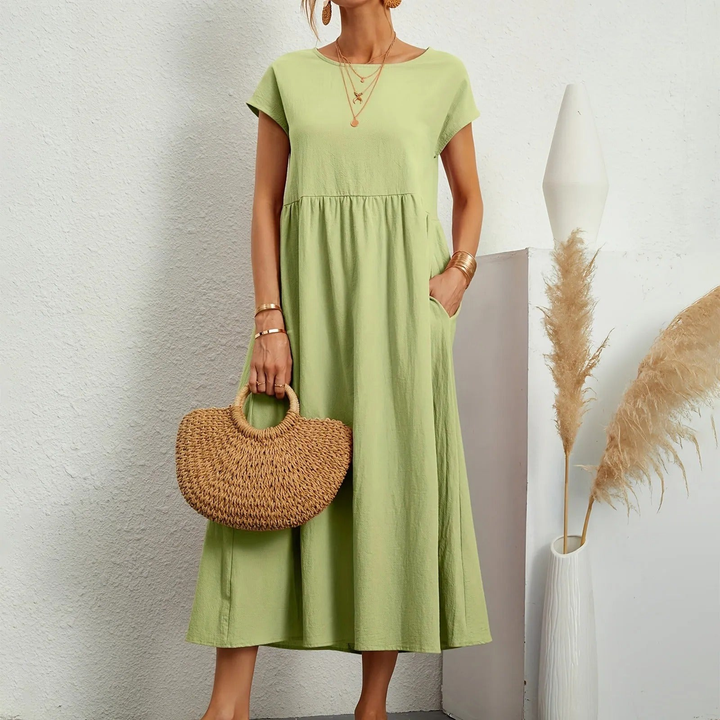 Tove | Women's Linen Short-Sleeve Smocked Midi Dress Casual