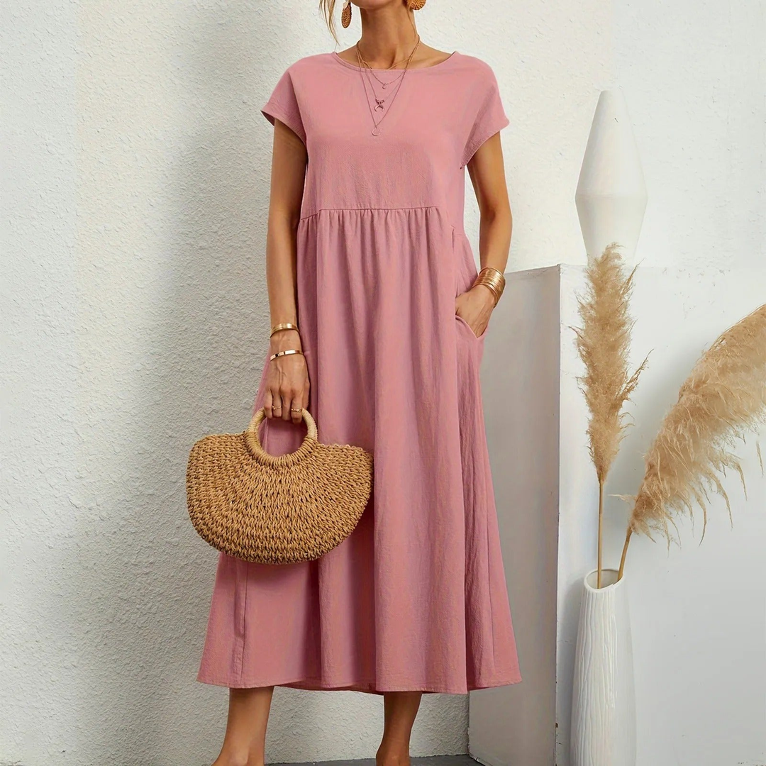 Tove | Women's Linen Short-Sleeve Smocked Midi Dress Casual