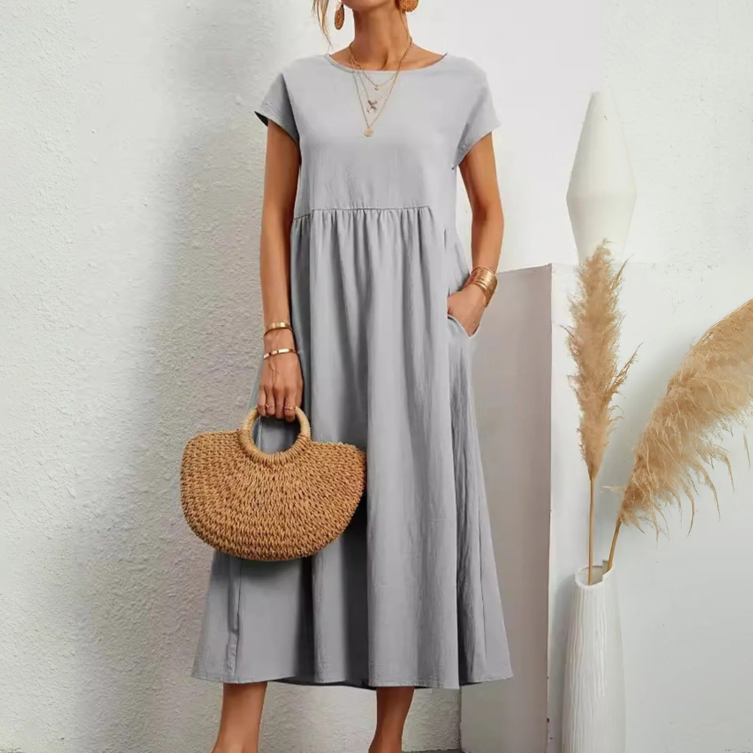 Tove | Women's Linen Short-Sleeve Smocked Midi Dress Casual