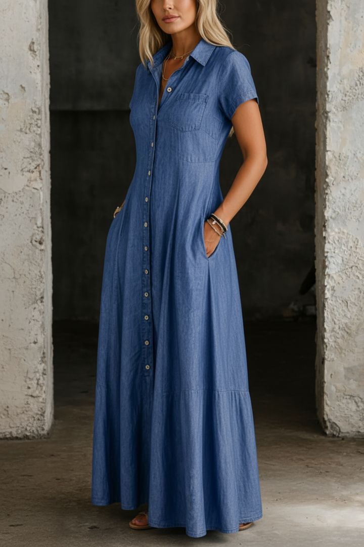 Valentina | Women's Denim Button-Down Tiered Maxi Dress