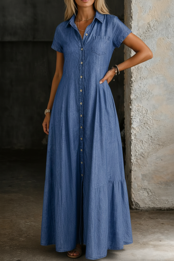 Valentina | Women's Denim Button-Down Tiered Maxi Dress