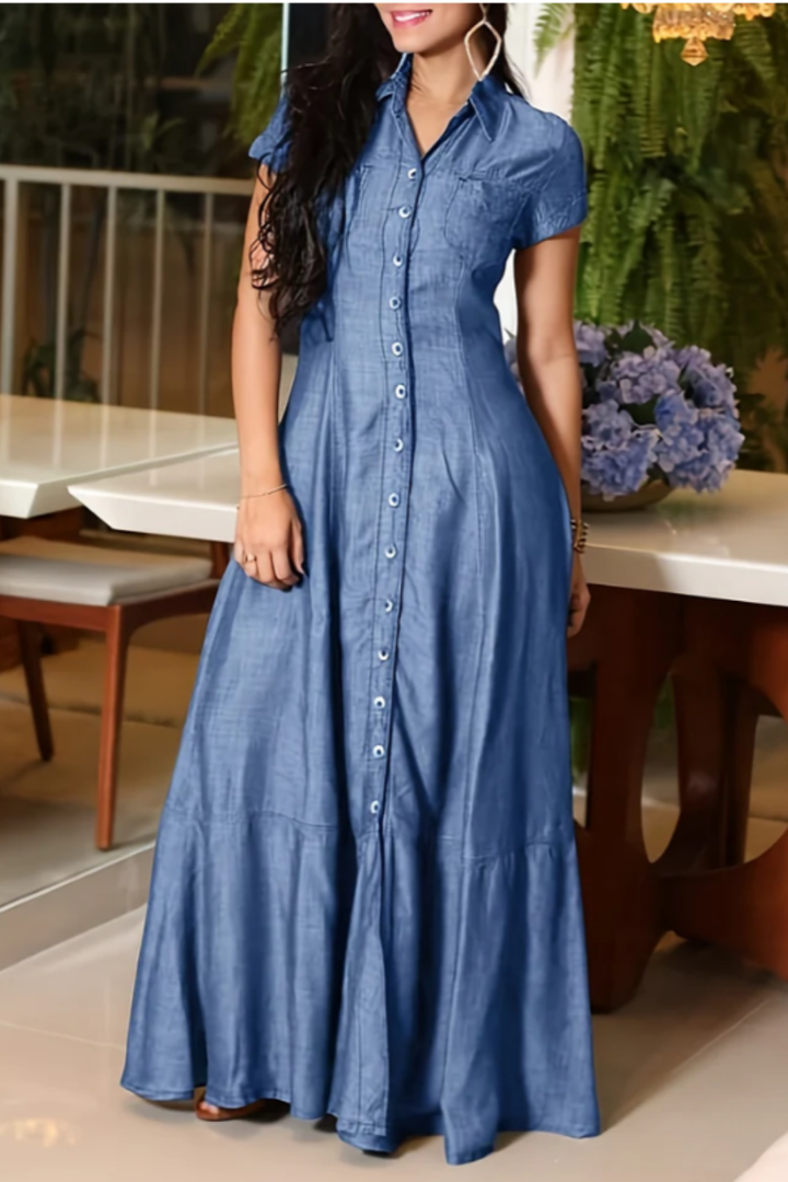 Valentina | Women's Denim Button-Down Tiered Maxi Dress