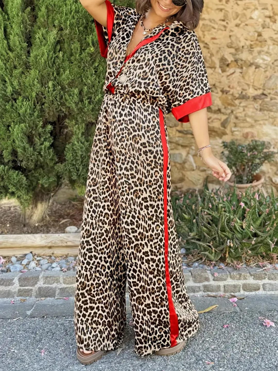 Valentina | Women's Satin Leopard Print Wide Leg Jumpsuit