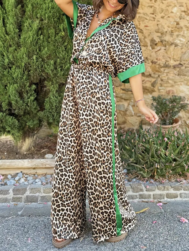 Valentina | Women's Satin Leopard Print Wide Leg Jumpsuit