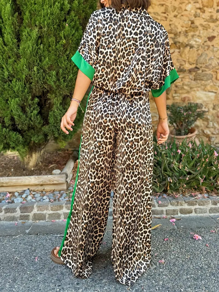 Valentina | Women's Satin Leopard Print Wide Leg Jumpsuit