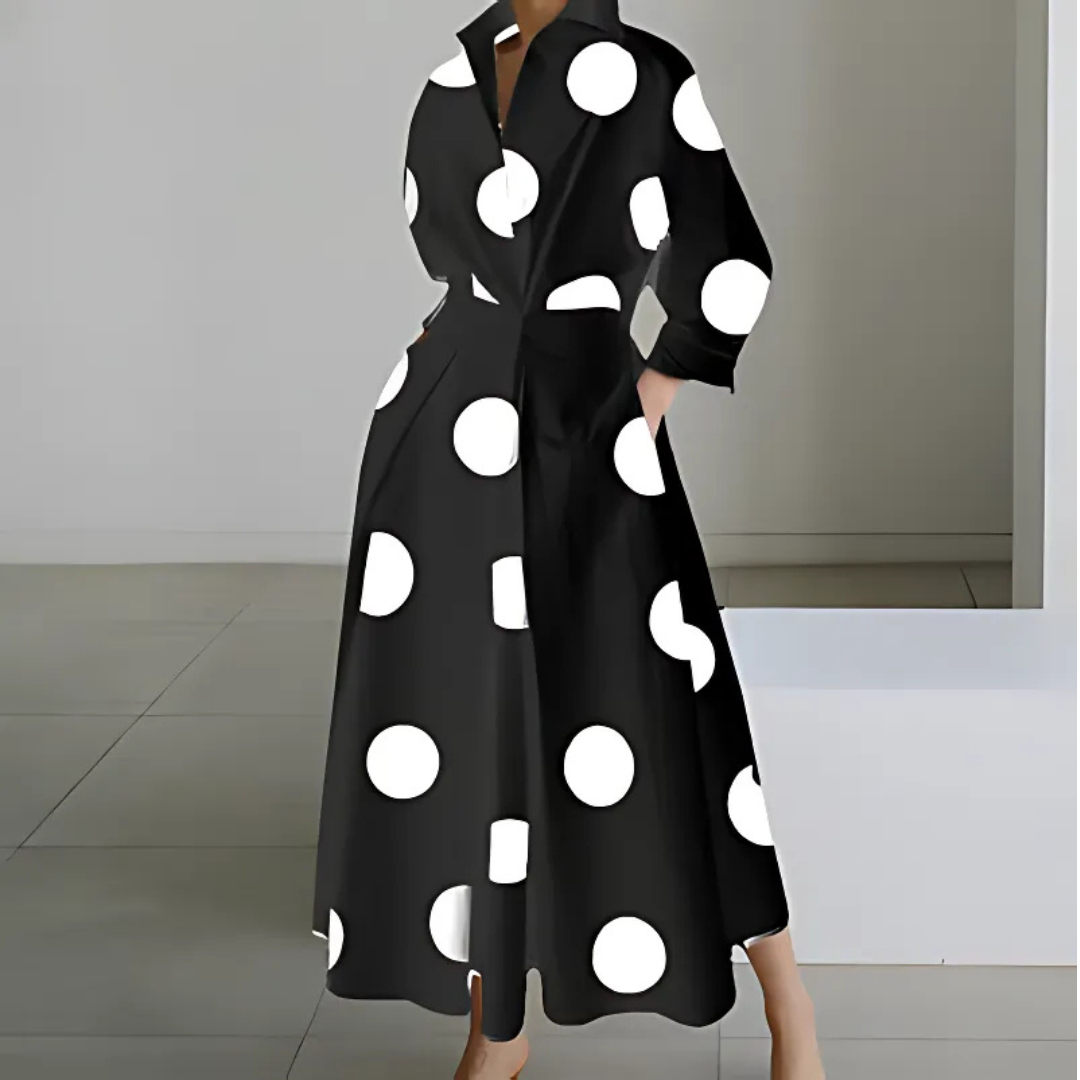 Verity | Women's Cotton Wrap-Collar Fit-and-Flare Maxi Dress