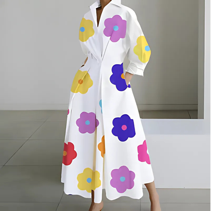 Verity | Women's Cotton Wrap-Collar Fit-and-Flare Maxi Dress