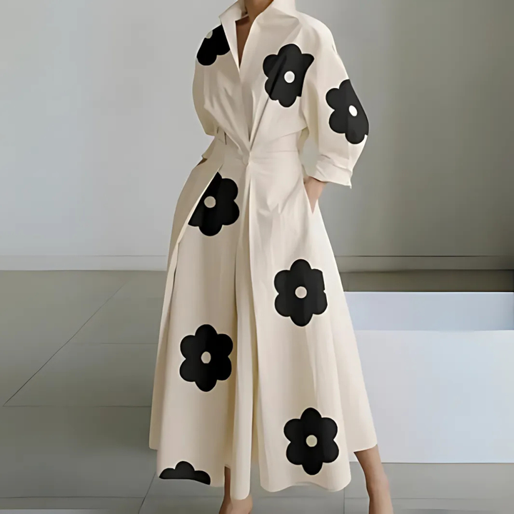 Verity | Women's Cotton Wrap-Collar Fit-and-Flare Maxi Dress
