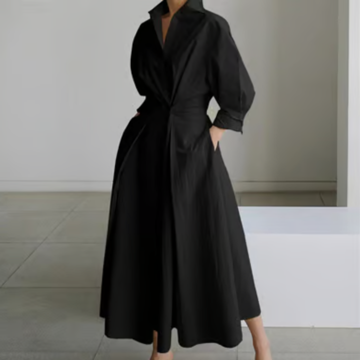 Verity | Women's Cotton Wrap-Collar Fit-and-Flare Maxi Dress