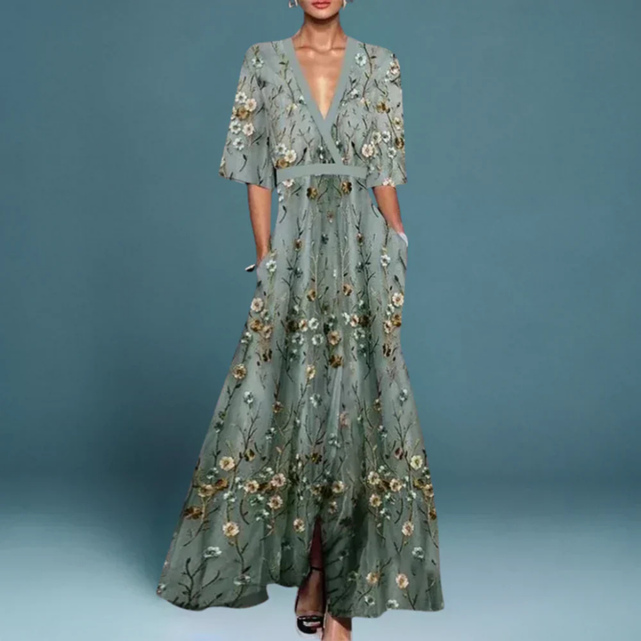 Vesper | Women's Cotton Floral Print V-Neck Maxi Dress Elegant