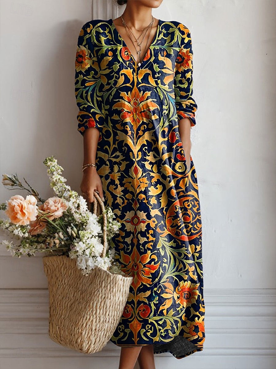 Vesper | Women's Cotton V-Neck Baroque Print Maxi Dress