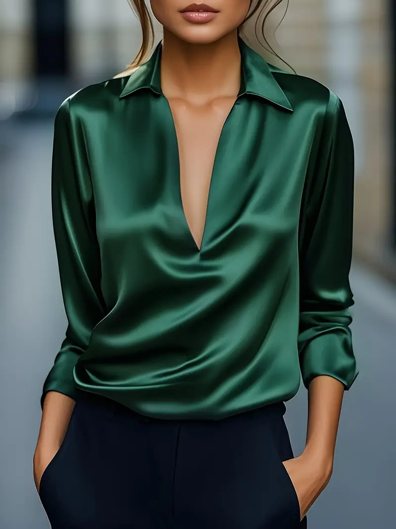 Vesper | Women's Satin Deep V-Neck Draped Blouse Elegant