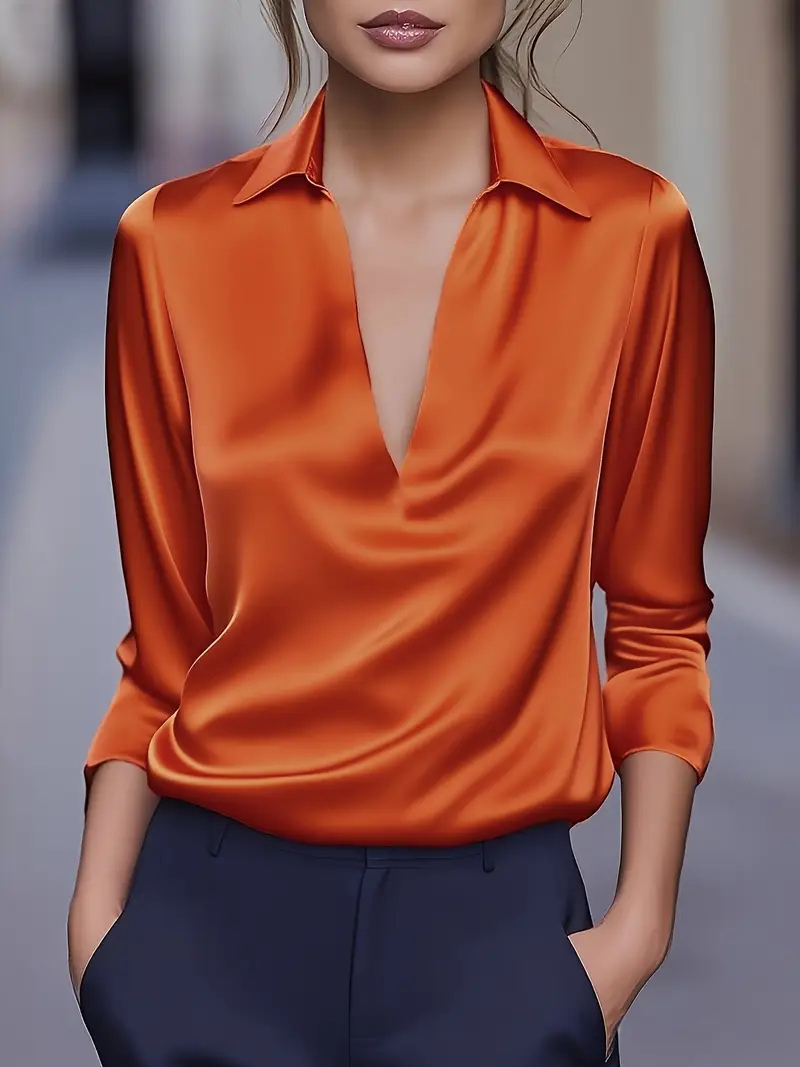 Vesper | Women's Satin Deep V-Neck Draped Blouse Elegant