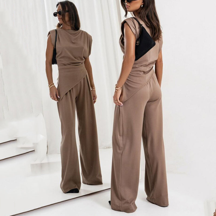 Vesper | Women's Satin Sleeveless Draped Top & Wide-Leg Trouser Set