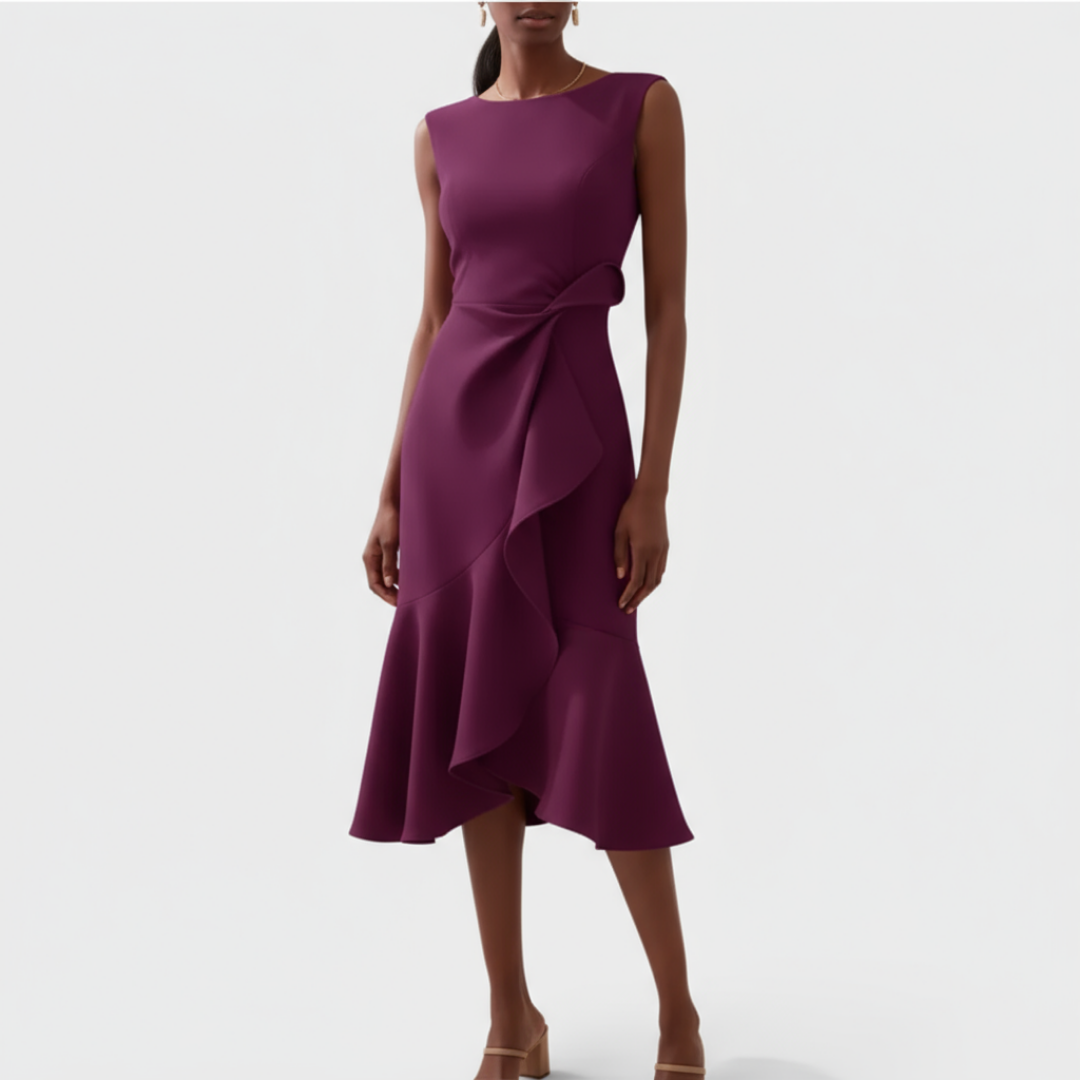 Vesper | Women's Stretch Ruffle-Hem Sleeveless Midi Dress Elegant