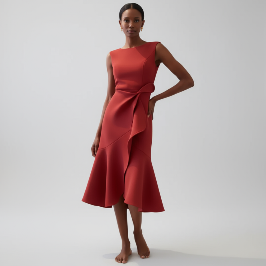 Vesper | Women's Stretch Ruffle-Hem Sleeveless Midi Dress Elegant