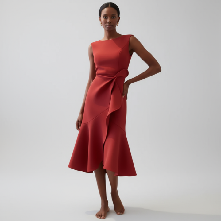 Vesper | Women's Stretch Ruffle-Hem Sleeveless Midi Dress Elegant