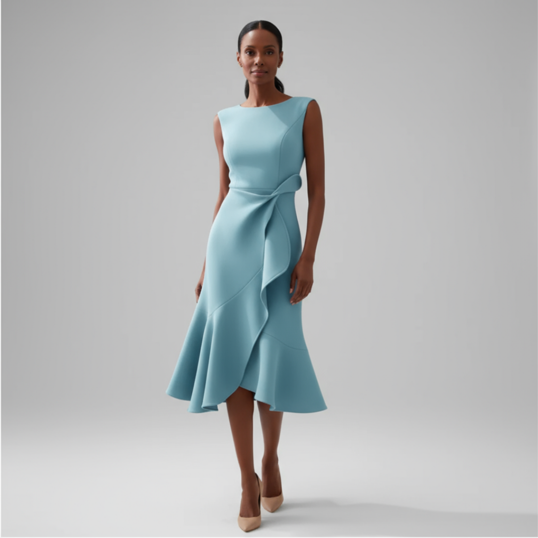 Vesper | Women's Stretch Ruffle-Hem Sleeveless Midi Dress Elegant