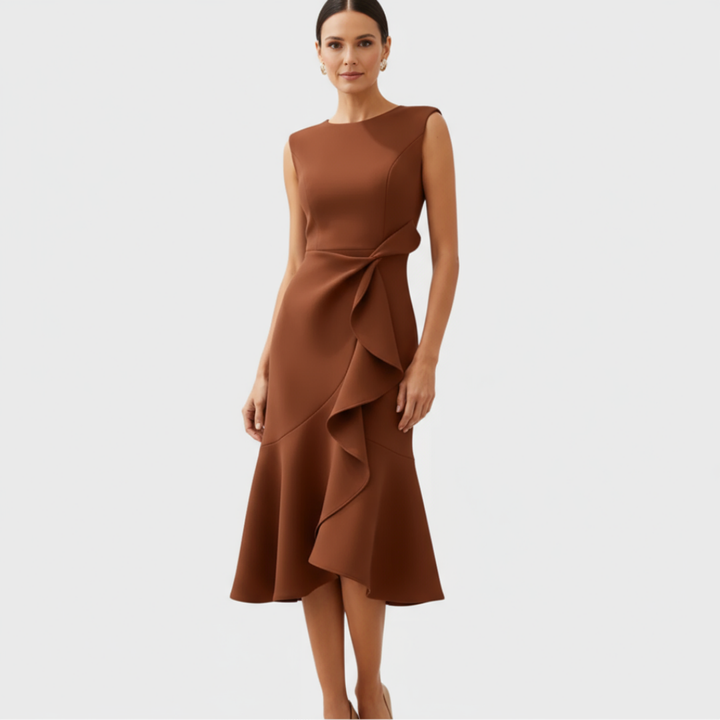 Vesper | Women's Stretch Ruffle-Hem Sleeveless Midi Dress Elegant